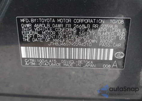 2009 Lexus Es 350 from USA, damaged, VIN JTHBJ46G792294210